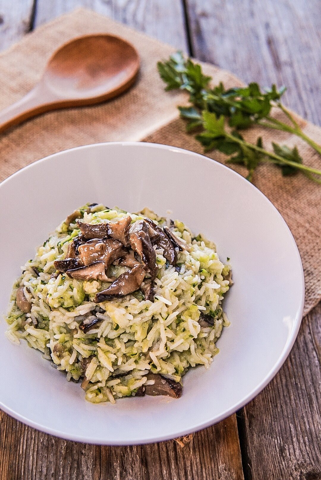 Riso basmati con crema di zucchine e funghi