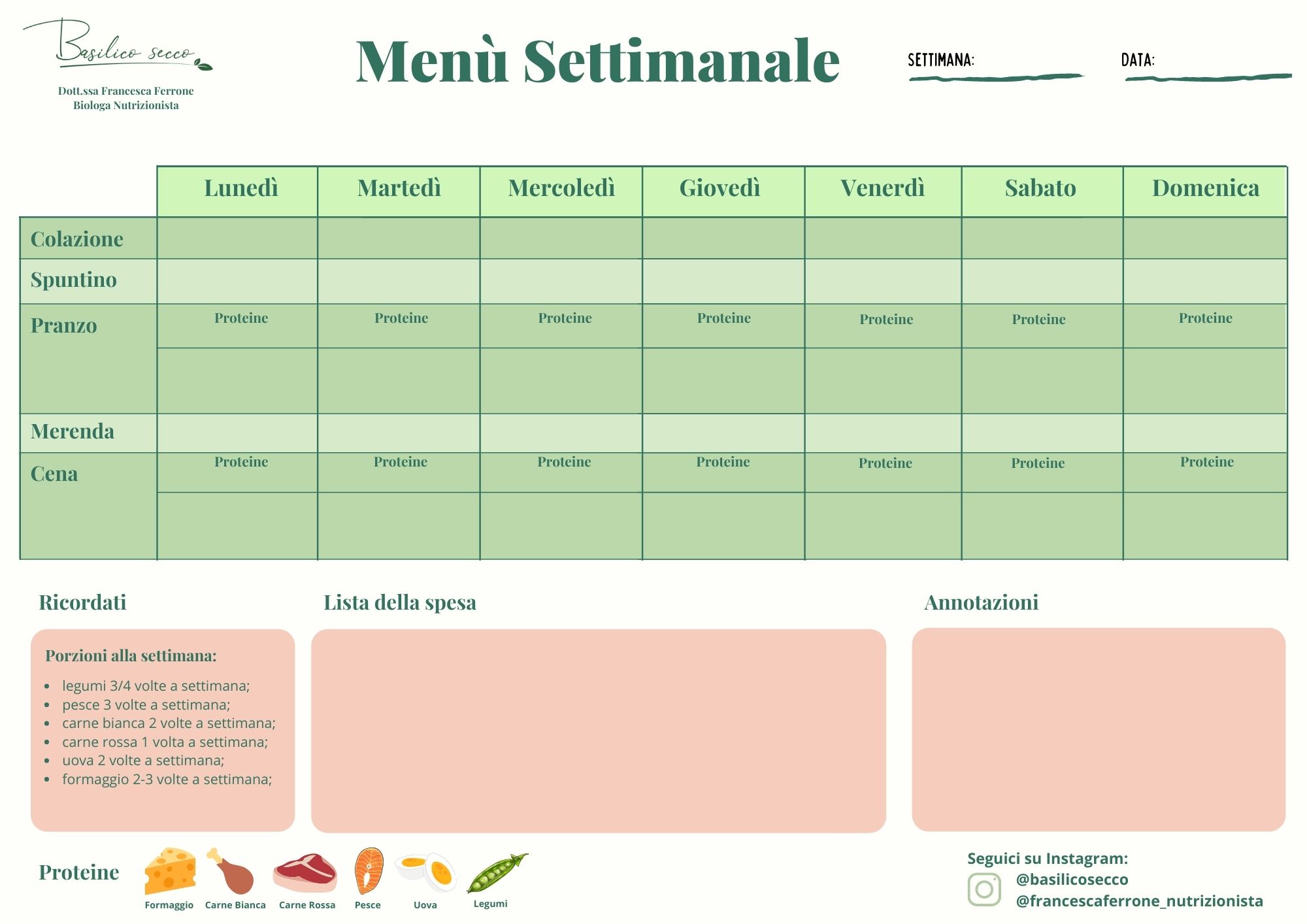 tabella menu settimanale dieta